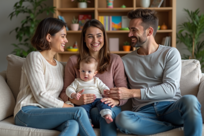 Coach familial parlant avec famille dans salon chaleureux