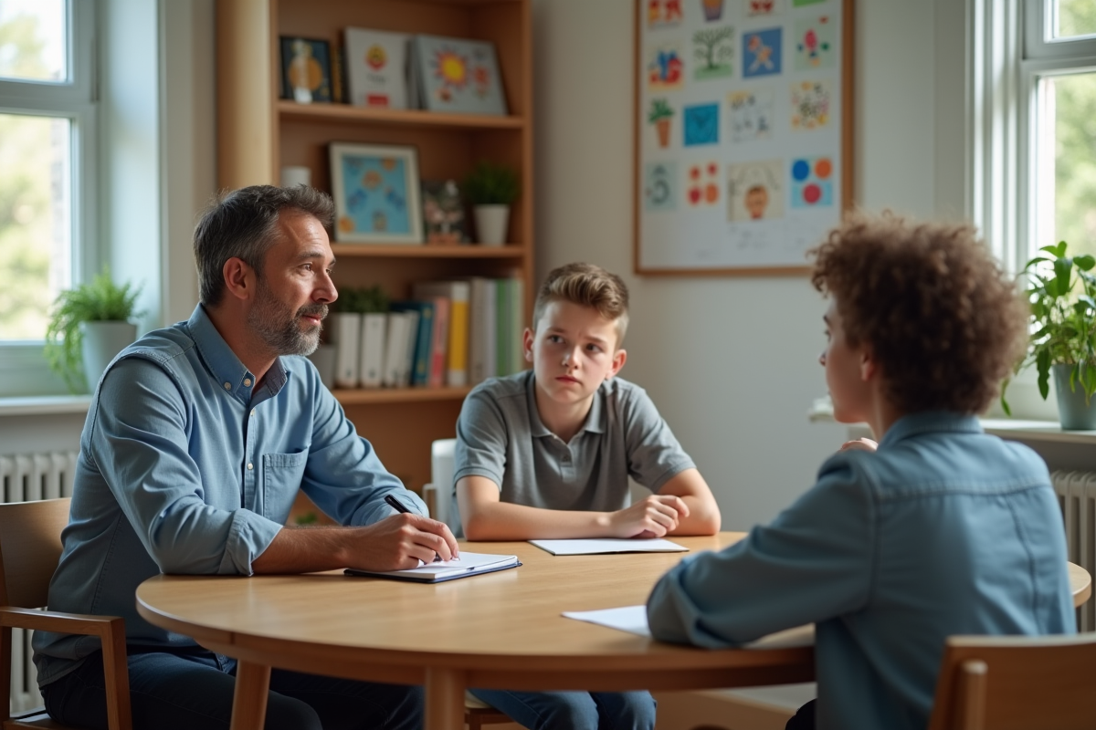 Coach confiant aidant mère et enfant dans bureau lumineux