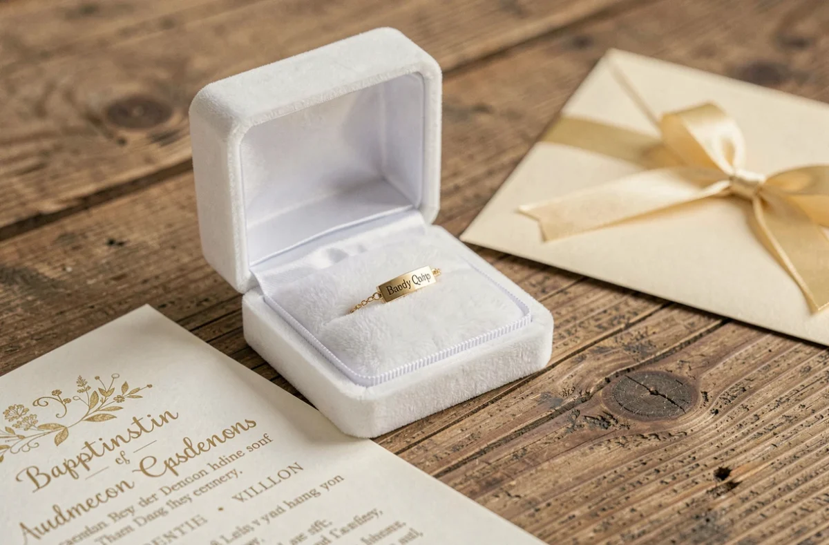 Coffret bijou ouvert avec une gourmette bébé en or sur une table en bois lors d'un baptême