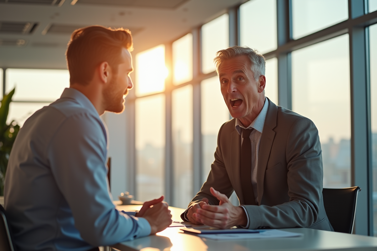 Deux collègues en discussion intense au bureau lumineux