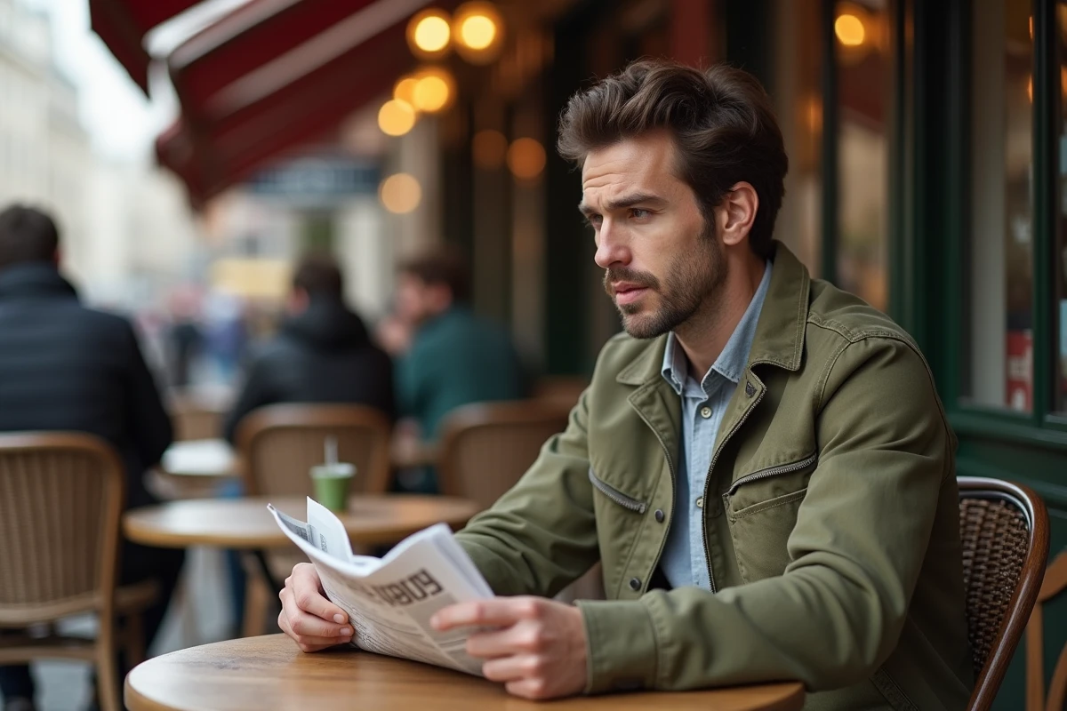 Homme discret lisant un journal en terrasse de café parisien, symbolisant le compagnon réservé d'une personnalité médiatique