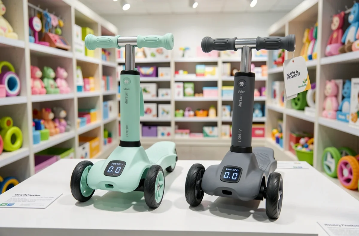 Comparaison de deux modèles de scooters électriques pour bébé exposés sur une étagère de magasin spécialisé