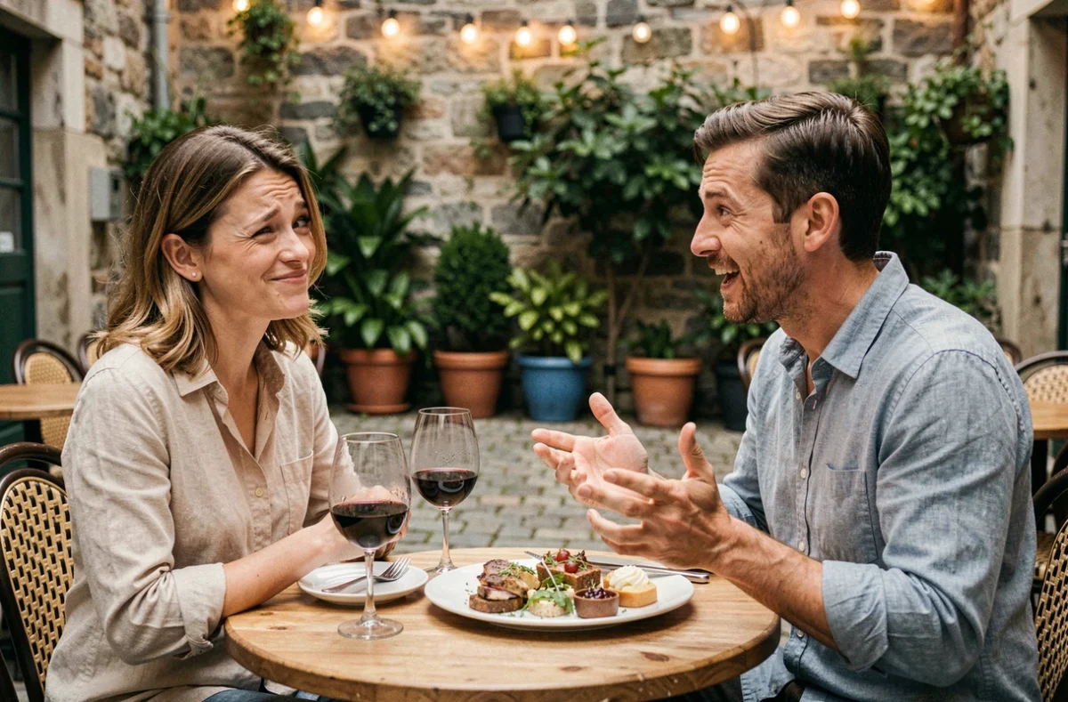 Couple qui s'amuse et plaisante lors d'un dîner romantique en terrasse de restaurant