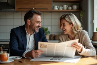 Couple souriant dans une cuisine parisienne chaleureuse