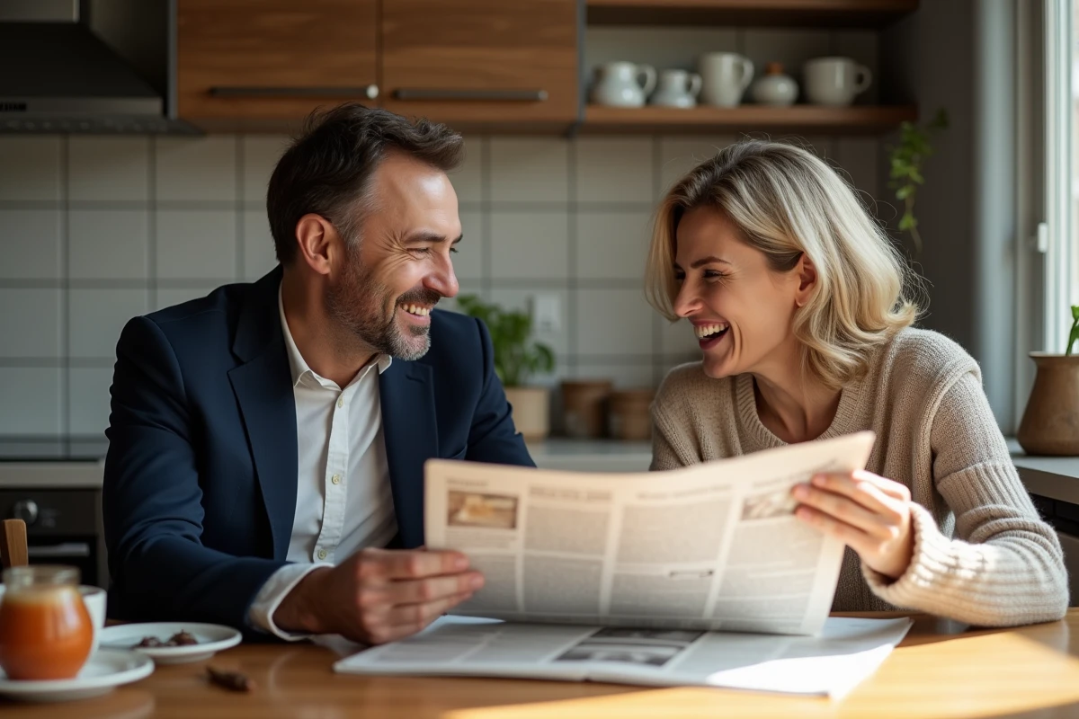 Couple souriant dans une cuisine parisienne chaleureuse