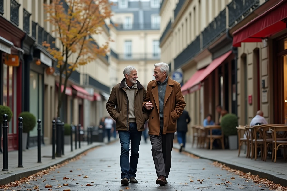 Couple discret se promenant dans une rue parisienne haussmannienne en automne, vie privée préservée