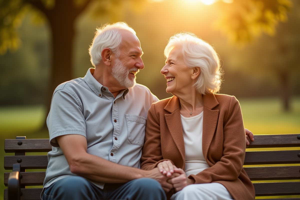 Couple de seniors souriant sur un banc en plein air