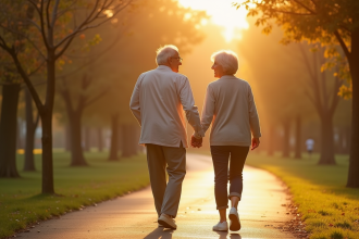 Couple âgé main dans la main dans un parc au matin