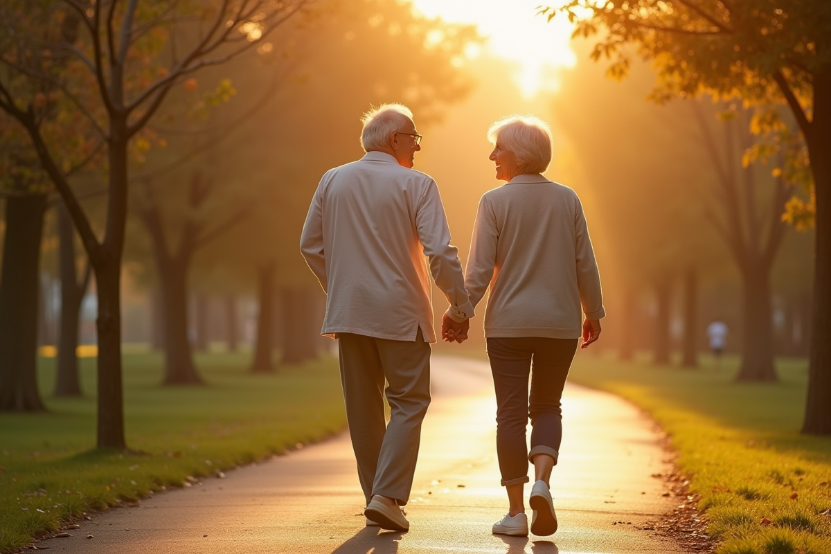 Couple âgé main dans la main dans un parc au matin