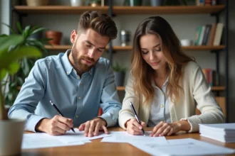 Jeune couple remplissant des formulaires à la maison