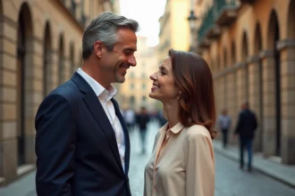 Couple élégant dans la quarantaine partageant un moment complice dans une rue pavée européenne, regard authentique et posture détendue