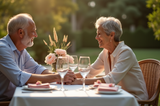 Couple mature main dans la main lors d'un dîner extérieur élégant
