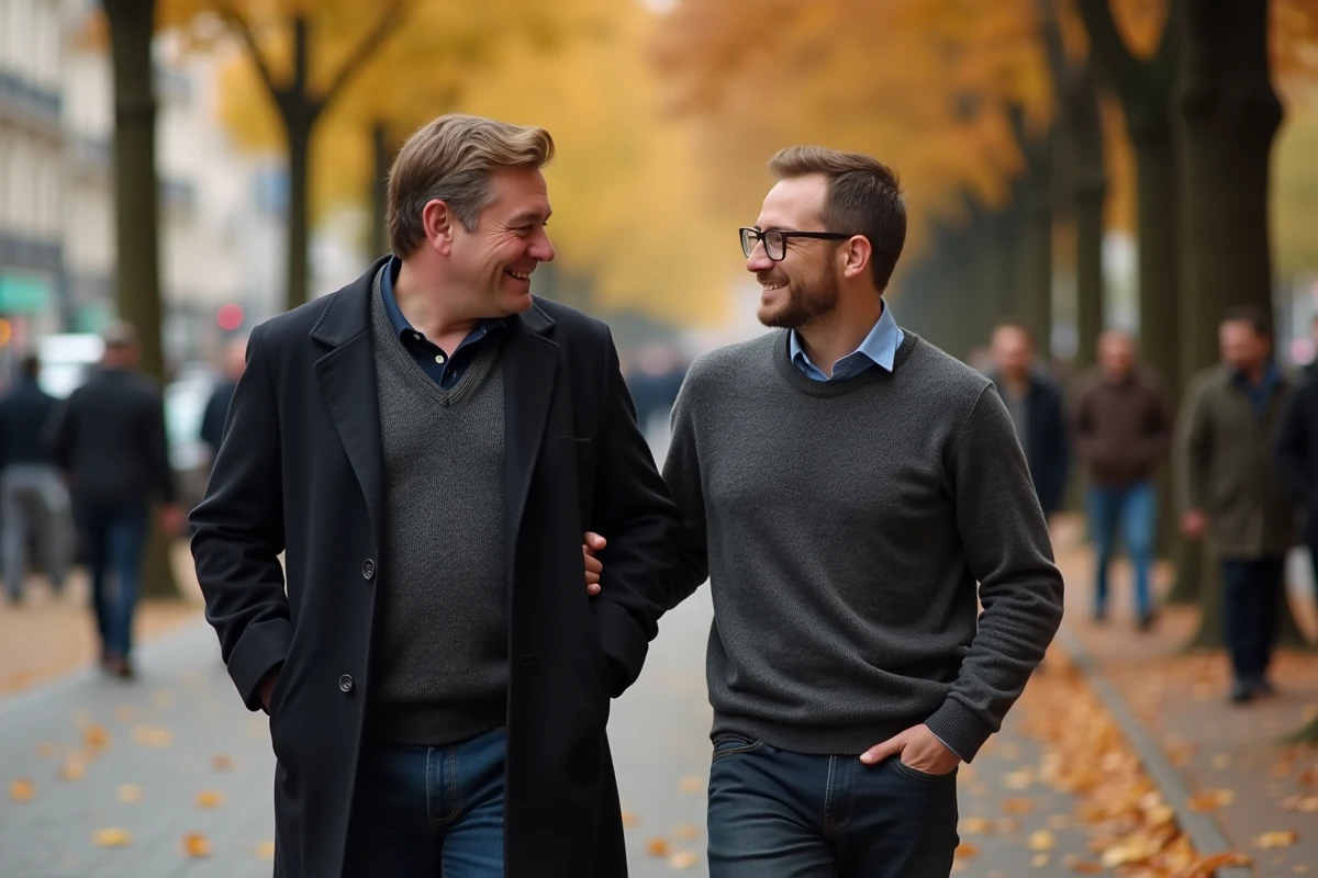 Deux hommes complices se promenant ensemble dans une rue parisienne en automne symbolisant une relation amoureuse épanouie