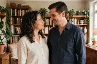 Couple complice dans un appartement parisien chaleureux, évoquant la vie amoureuse et l'intimité conjugale