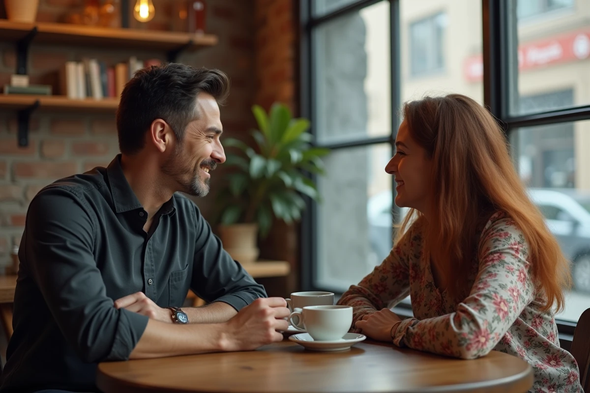 Couple dans un café intime à la décoration rustique, conversation chaleureuse autour d'un café, ambiance authentique et documentaire