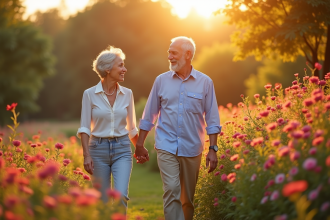Couple mature main dans la main dans un jardin en fleurs