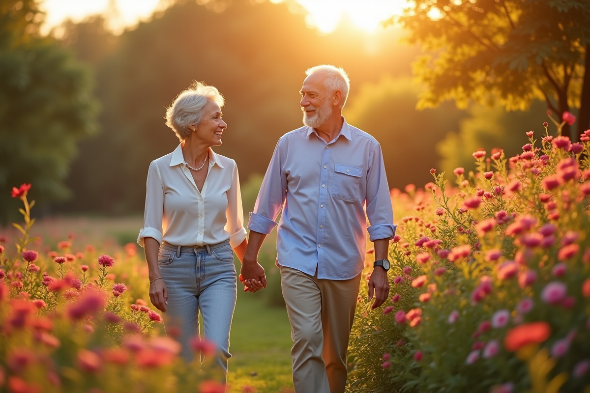 Couple mature main dans la main dans un jardin en fleurs
