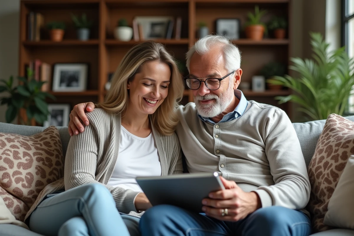 Couple de parents consultant ensemble le portail famille Meudon sur tablette dans leur salon