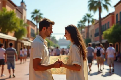 Couple consultant un plan du parc PortAventura pour organiser leur visite et éviter les files d'attente en haute saison