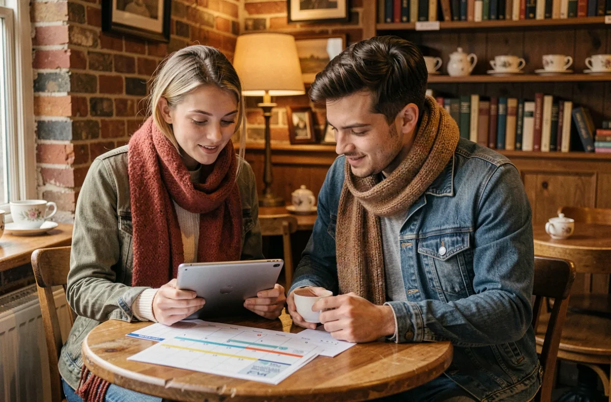 Couple planifiant des vacances scolaires à Londres dans un café typique anglais