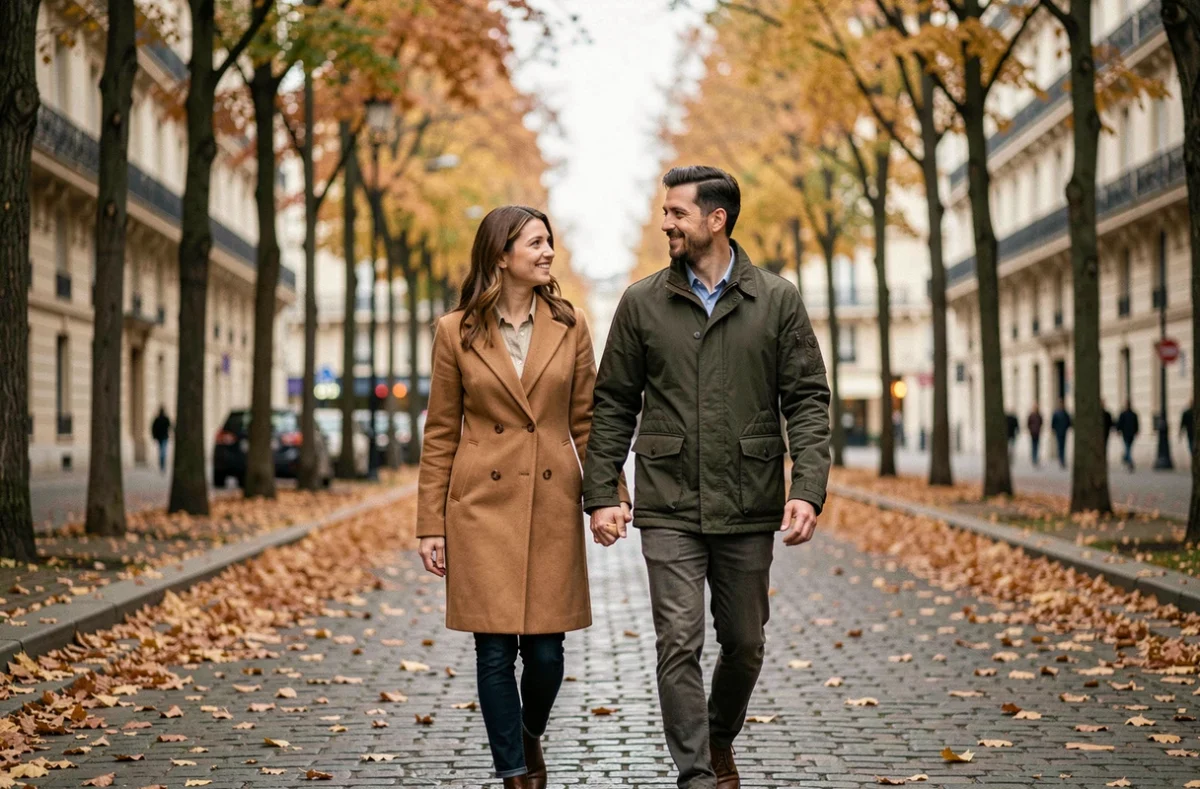 Couple se promenant main dans la main sur un boulevard parisien en automne, évoquant la complicité amoureuse