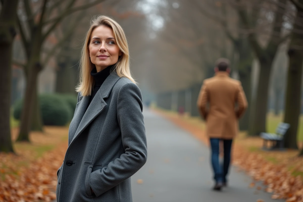 Femme en manteau gris dans une allée de parc en automne, regard par-dessus l'épaule, couple en promenade dans un cadre naturel élégant