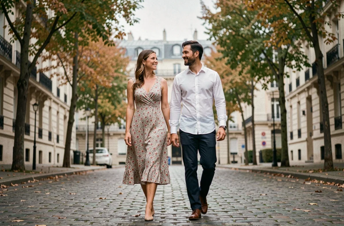 Couple se promenant dans une rue pavée parisienne en automne, ambiance éditoriale naturelle et complice