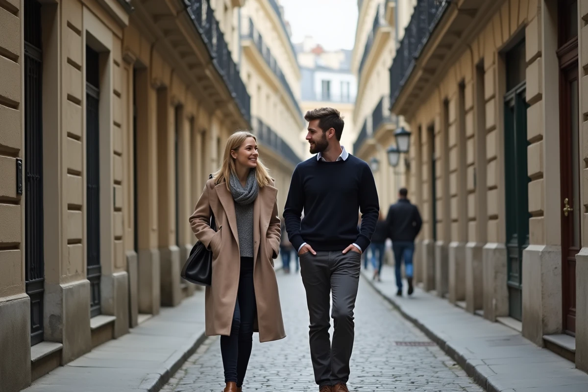 Couple se promenant dans une rue parisienne, illustrant la vie privée d'une personnalité médiatique et de son compagnon