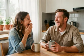 Couple marié qui rit ensemble autour d'une blague lors d'un moment convivial en cuisine
