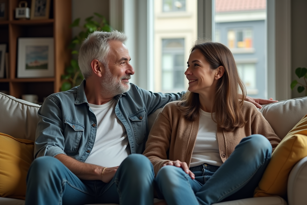 Couple d'âge moyen assis séparément dans un salon modeste