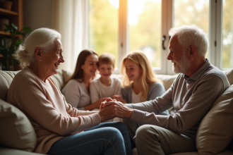 Couple senior souriant dans le salon en famille