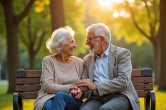 Couple senior assis sur un banc ensoleille dans un parc