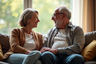 Couple d'âge moyen souriant en conversation dans un salon lumineux