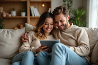 Jeune couple détendu utilisant une tablette dans un salon cosy
