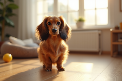 Teckel à poil long dans un salon lumineux et confortable