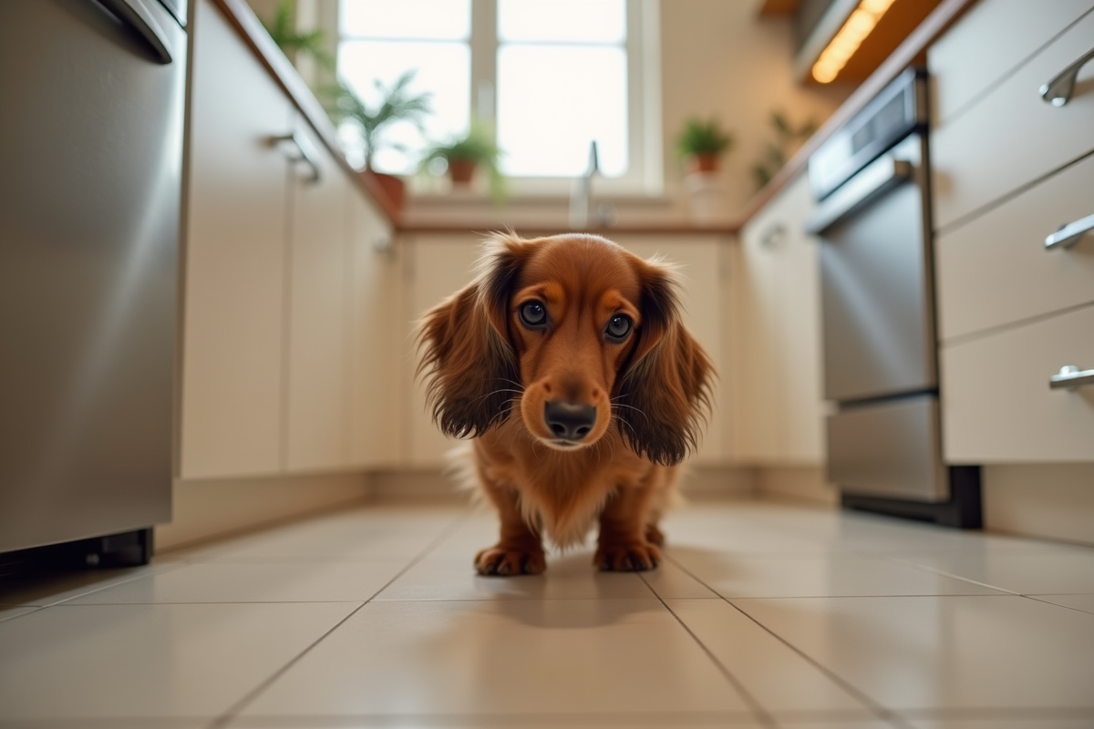 Teckel explorant une cuisine sécurisée pour animaux