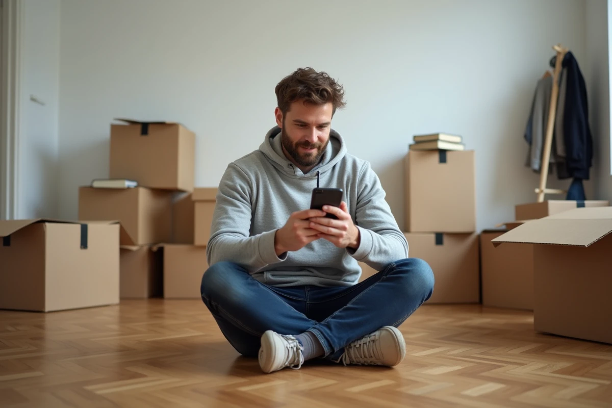Homme entouré de cartons de déménagement effectuant un changement d'adresse CAF sur smartphone