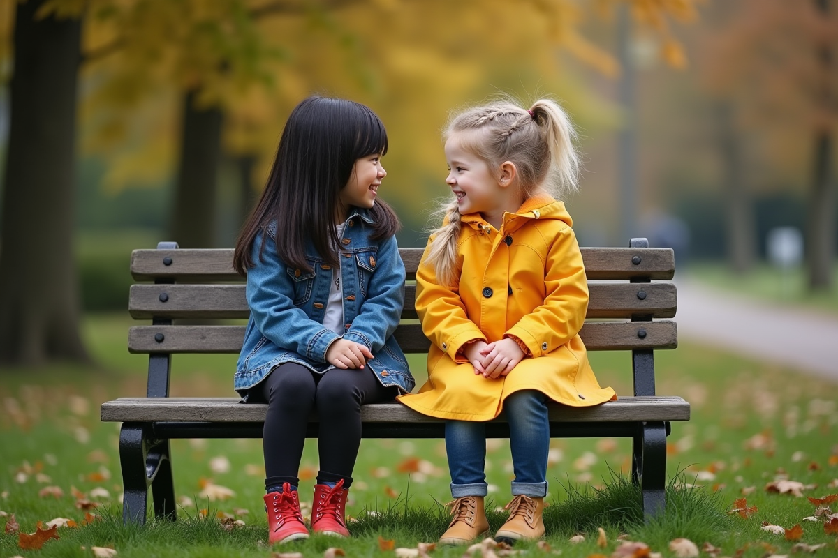 Deux filles de 10 ans riant sur un banc dans un parc