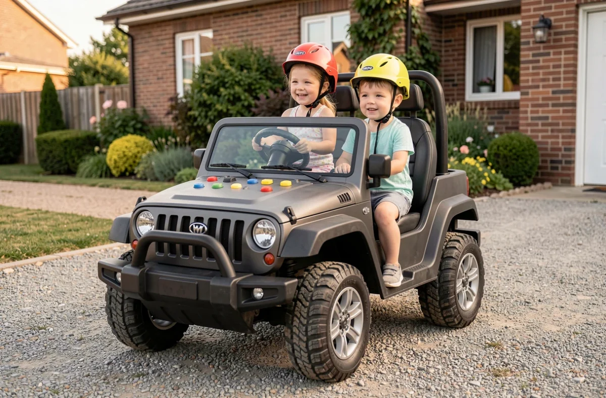Deux enfants en casque de sécurité assis ensemble dans une grande jeep électrique tout-terrain sur une allée en gravier devant une maison