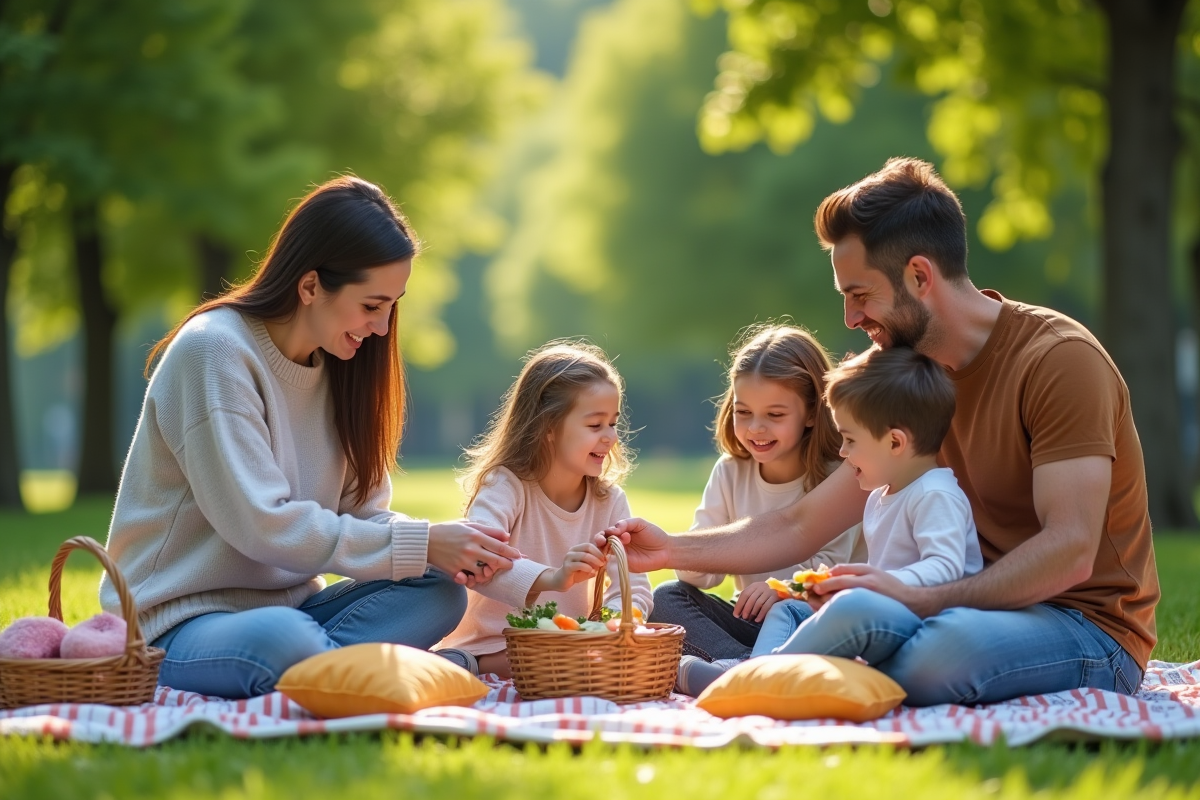 Deux familles partageant un pique-nique dans un parc ensoleille