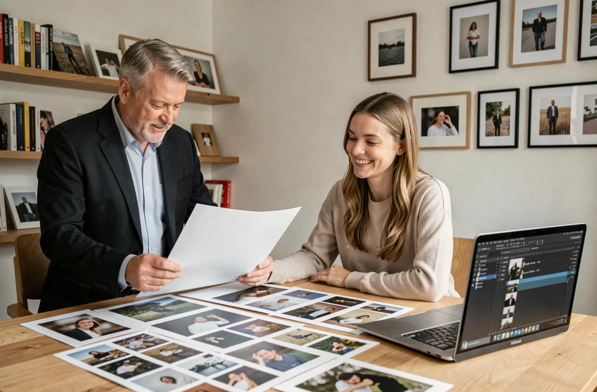 Photographe et client discutant d'un devis et d'un portfolio dans une agence photo à Nantes
