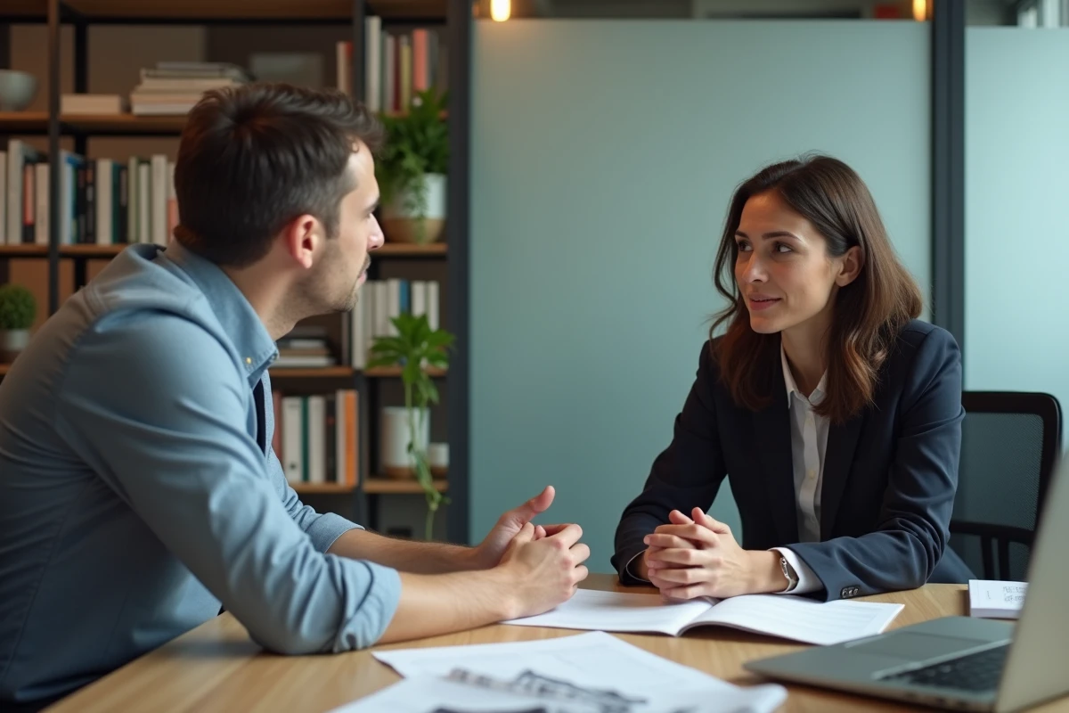 Deux journalistes en discussion sérieuse dans une rédaction, illustrant les enjeux éthiques de la vie privée dans les médias