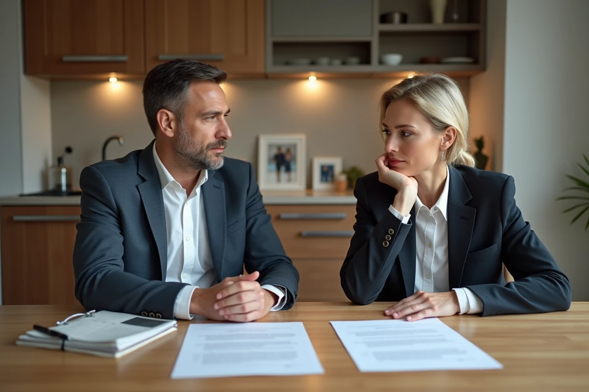 Couple d'adultes en discussion avec documents de divorce