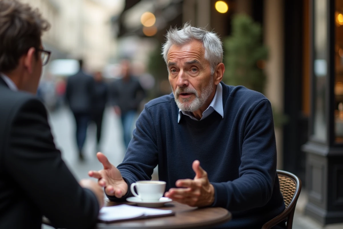 Dominique Pinon en entretien à une terrasse de café parisien, évoquant sa vie personnelle et familiale