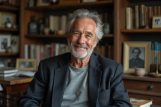Portrait de Dominique Pinon dans un appartement parisien chaleureux entouré de livres et de souvenirs personnels