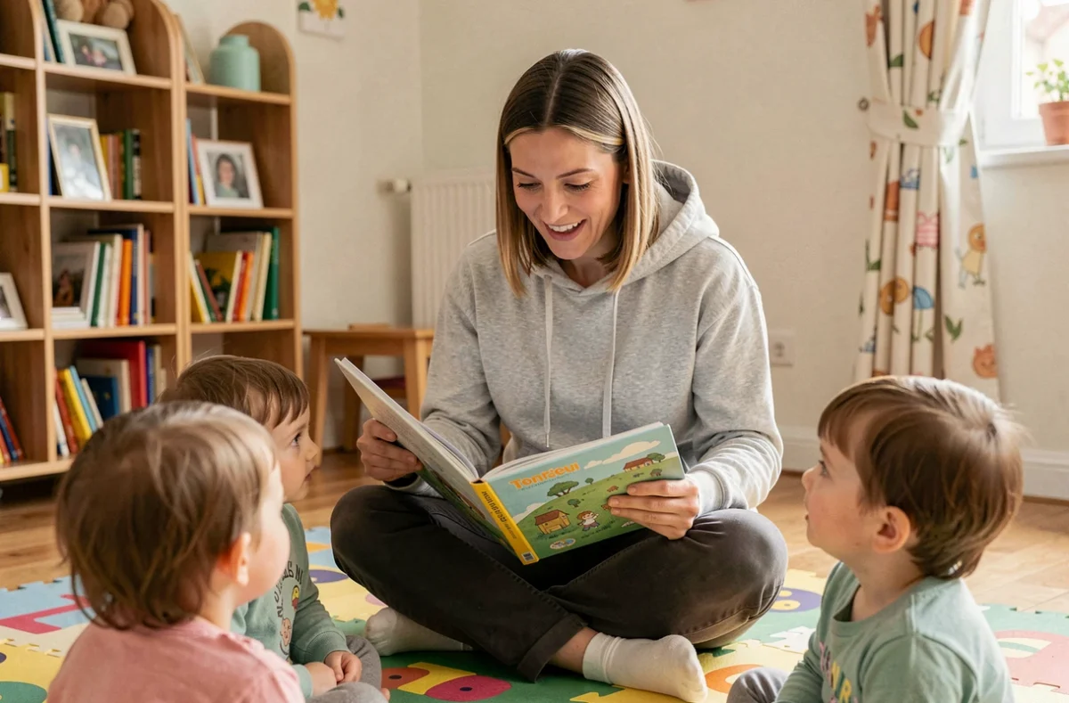 Dray Céline, assistante maternelle à Toussieu, lisant un livre illustré à des tout-petits sur un tapis de jeu coloré