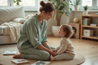 Mère agenouillée à hauteur d'enfant dans un salon chaleureux, illustrant une éducation douce et bienveillante