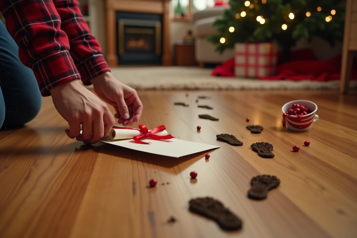 Empreintes de lutin farceur sur le plancher de cuisine menant à une lettre dans une enveloppe avec ruban rouge