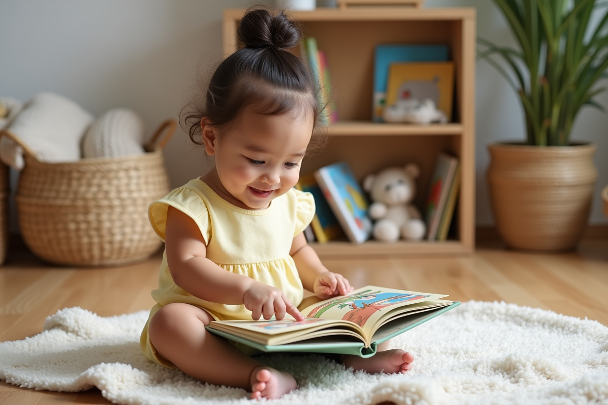Petite fille de 16 mois avec un pyjama jaune lisant un livre coloré