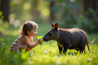Jeune enfant nourrissant un tapir dans un sanctuaire naturel
